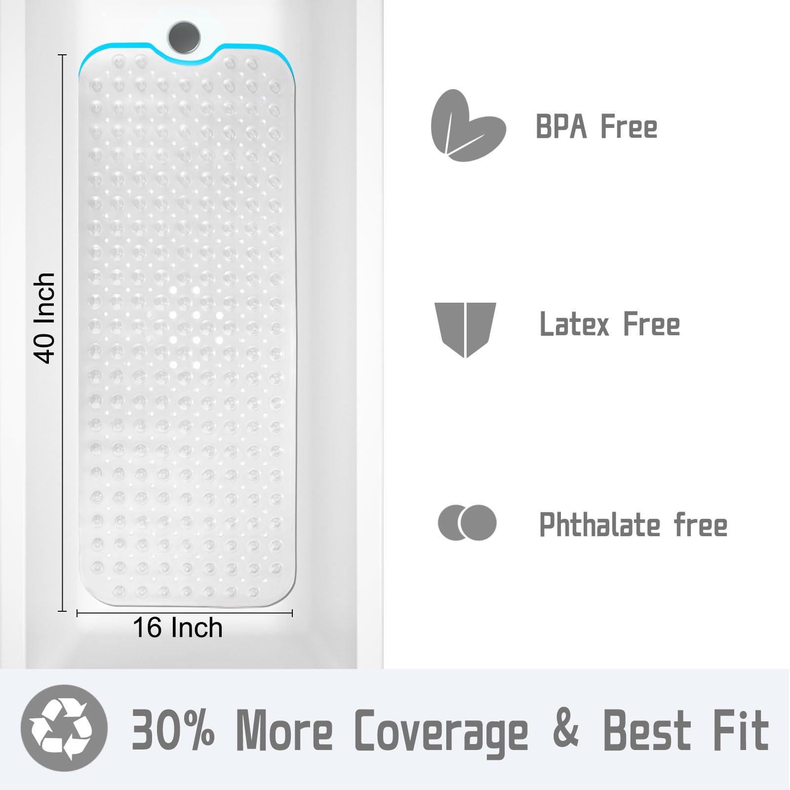 Yimobra Original Bath Tub Shower Mat Extra Long 16 X 40 Inches, Non-Slip With Drain Holes, Suction Cups, Machine Washable, Phtha